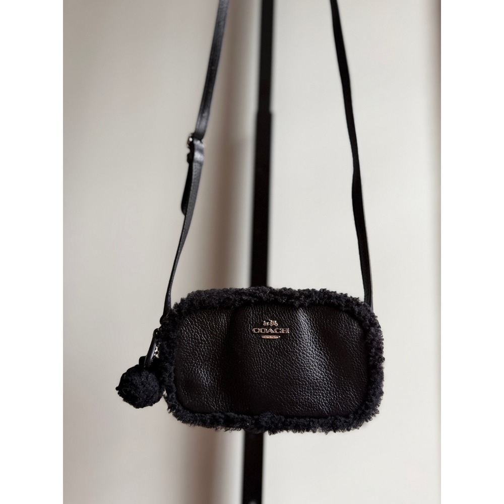 Coach Shearling Mix Pebbled Leather Crossbody Pouch – Black
